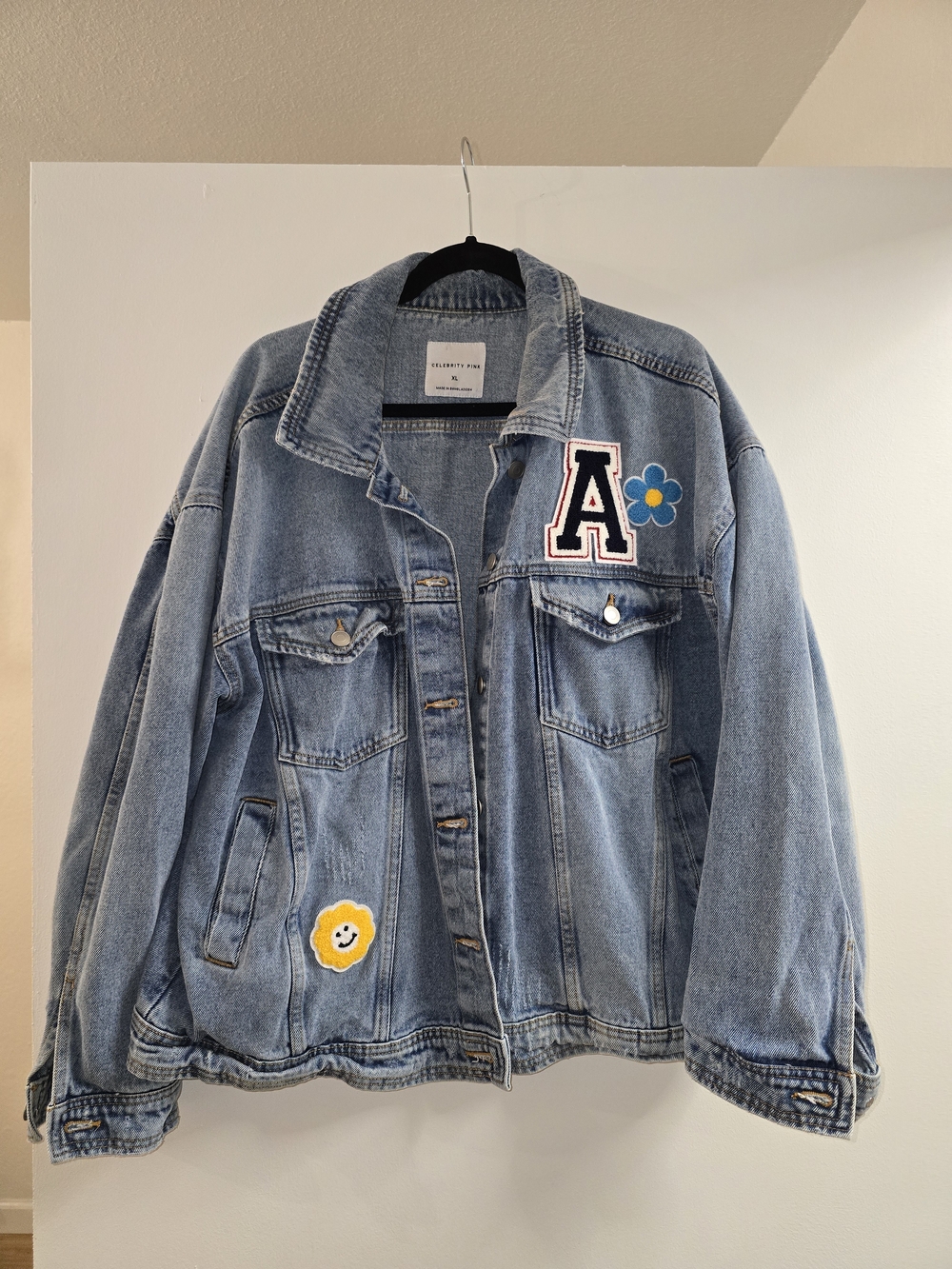 Celebrity Pink Embroidered Letter & Flower Denim Jacket - Light Blue XL